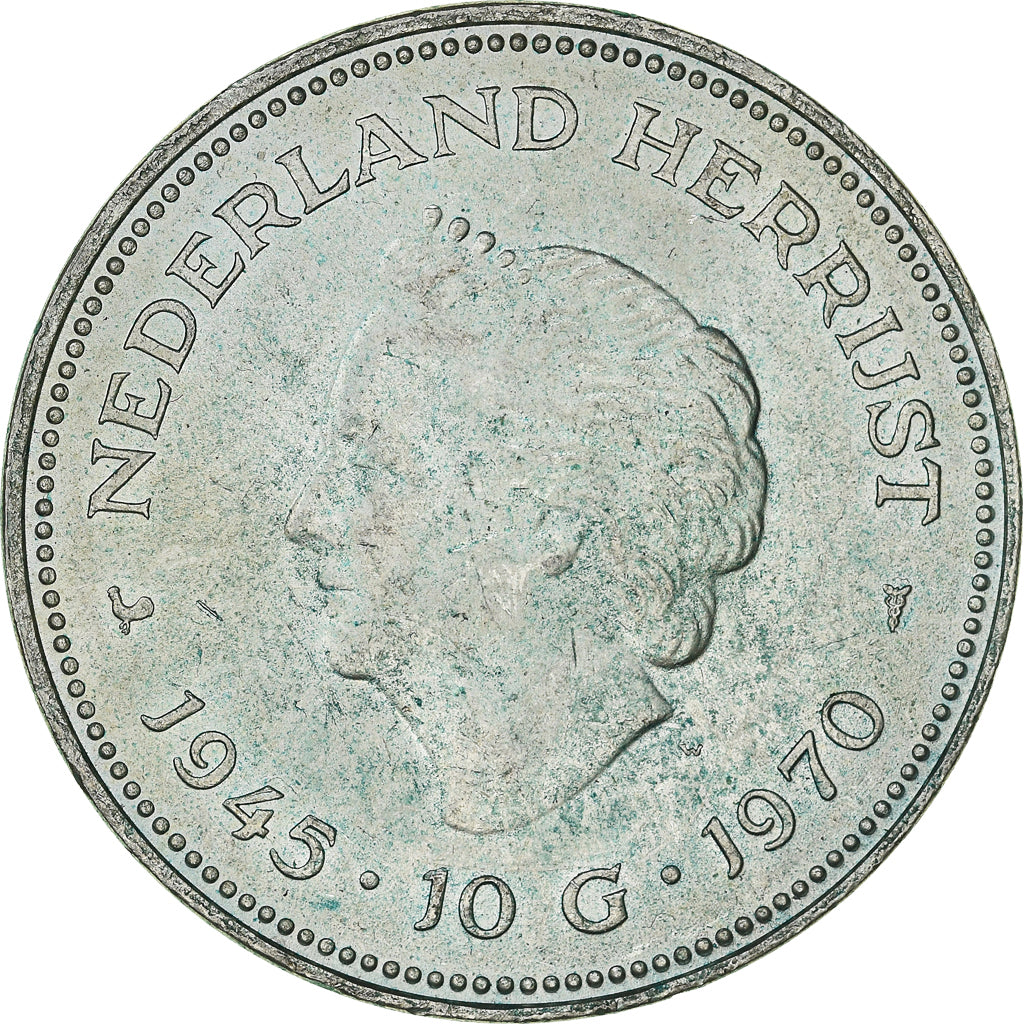 Coin, Netherlands, Juliana, 10 Gulden, 1970, MS(60-62), Silver, KM:195