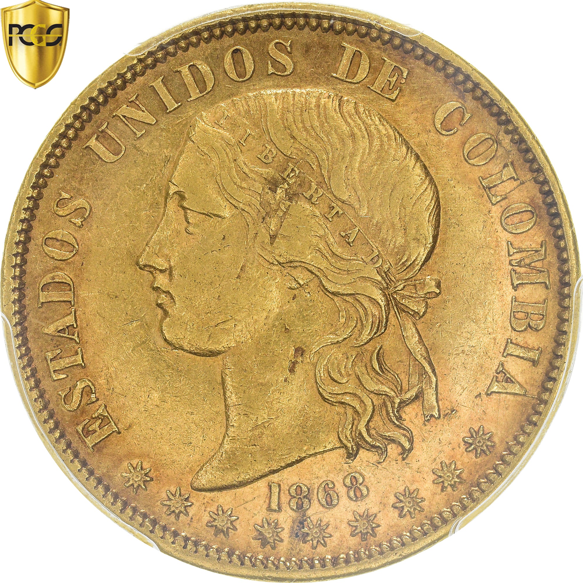 Moneda, Colombia, 20 Pesos, 1868, Bogota, PCGS, AU53, MBC+, Oro, KM:142.1