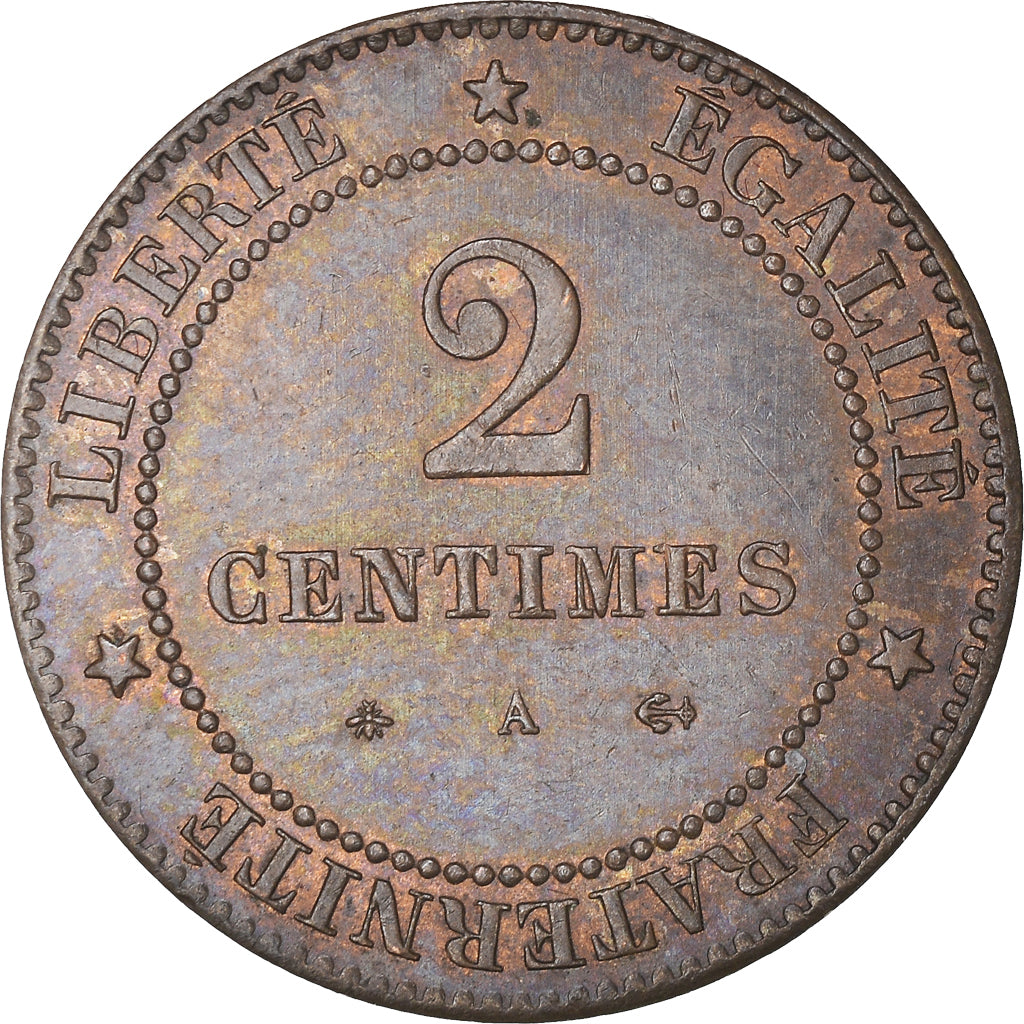 Moneta, Francja, Cérès, 2 Centimes, 1879, Paris, MS(65-70), Brązowy