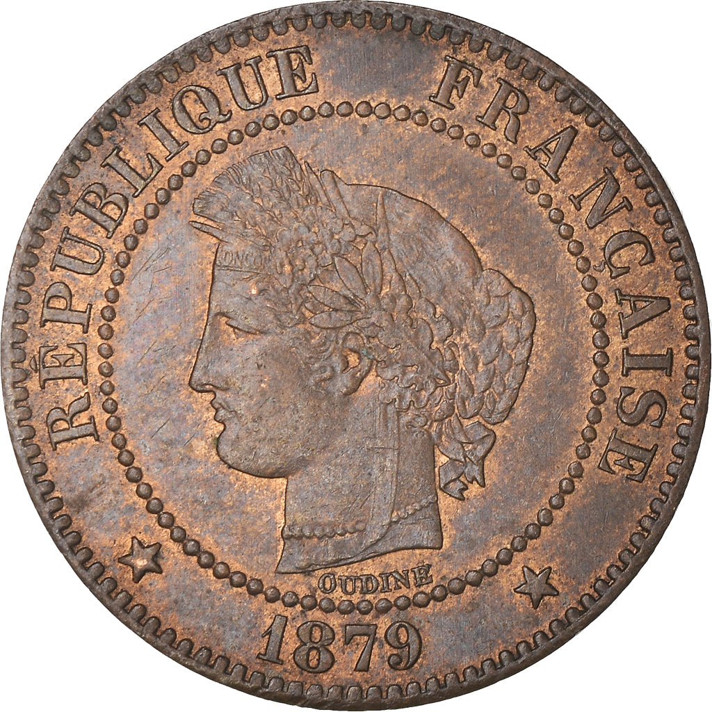Moneta, Francja, Cérès, 2 Centimes, 1879, Paris, MS(65-70), Brązowy