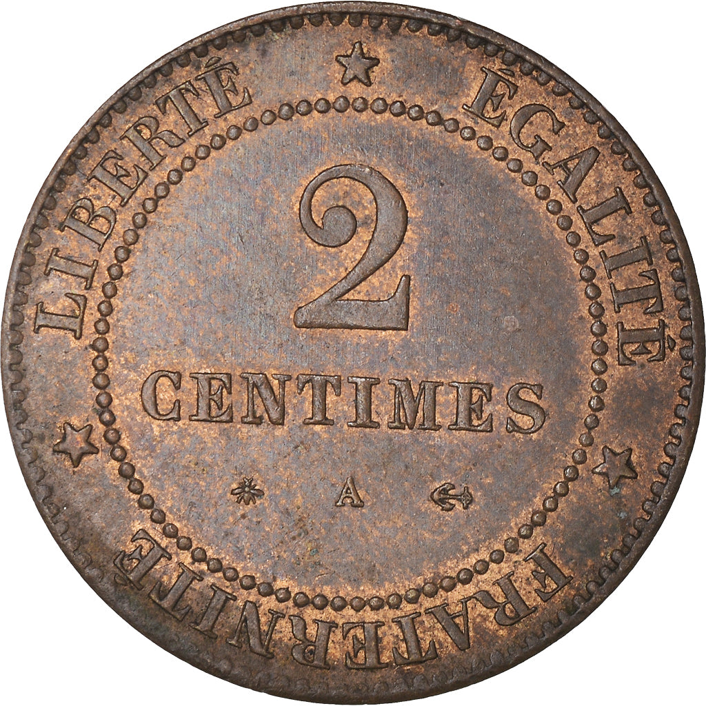 Moneta, Francja, Cérès, 2 Centimes, 1879, Paris, MS(65-70), Brązowy