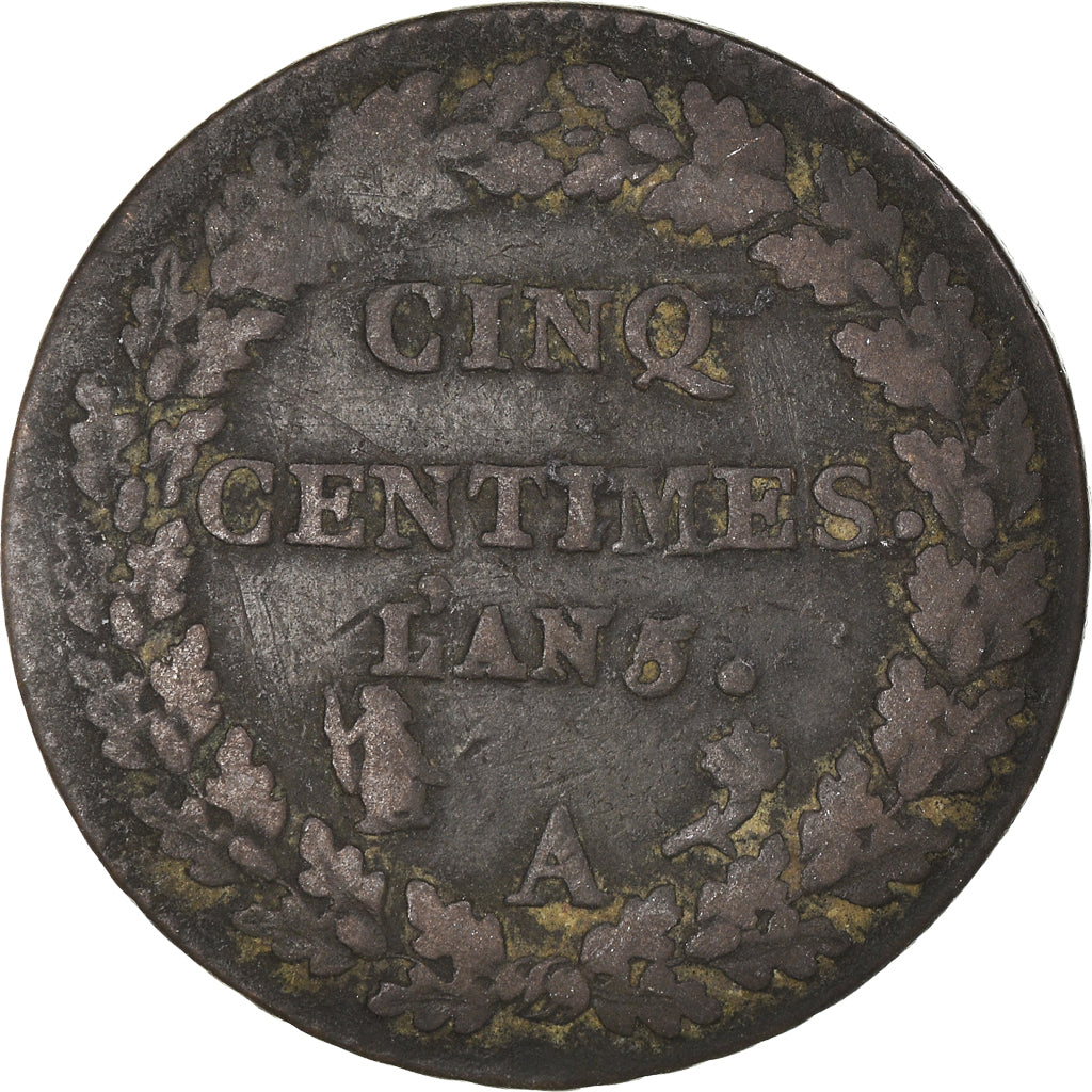 Moneta, Francia, Dupré, 5 Centimes, AN 5, Paris, MB, Bronzo, KM:640.1