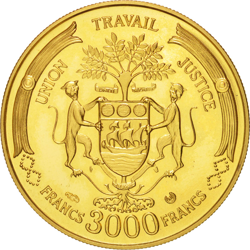 Gabon, 3000 Francs Bongo, 1969, Paris, MS(63), Gold, KM:7