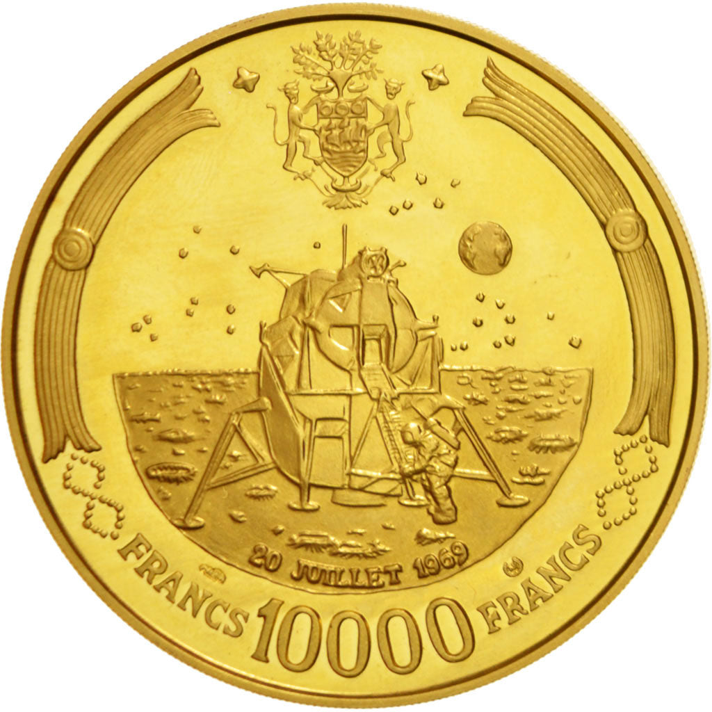 Gabon, 10000 Francs Bongo, 1st Moon landing, 1969, Paris, MS(63), Gold, KM:9