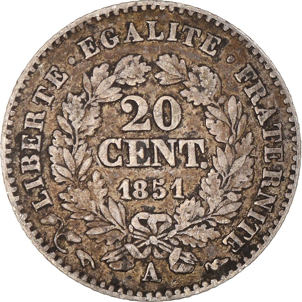Moneda, Francia, Cérès, 20 Centimes, 1851, Paris, BC+, Plata, KM:758.1