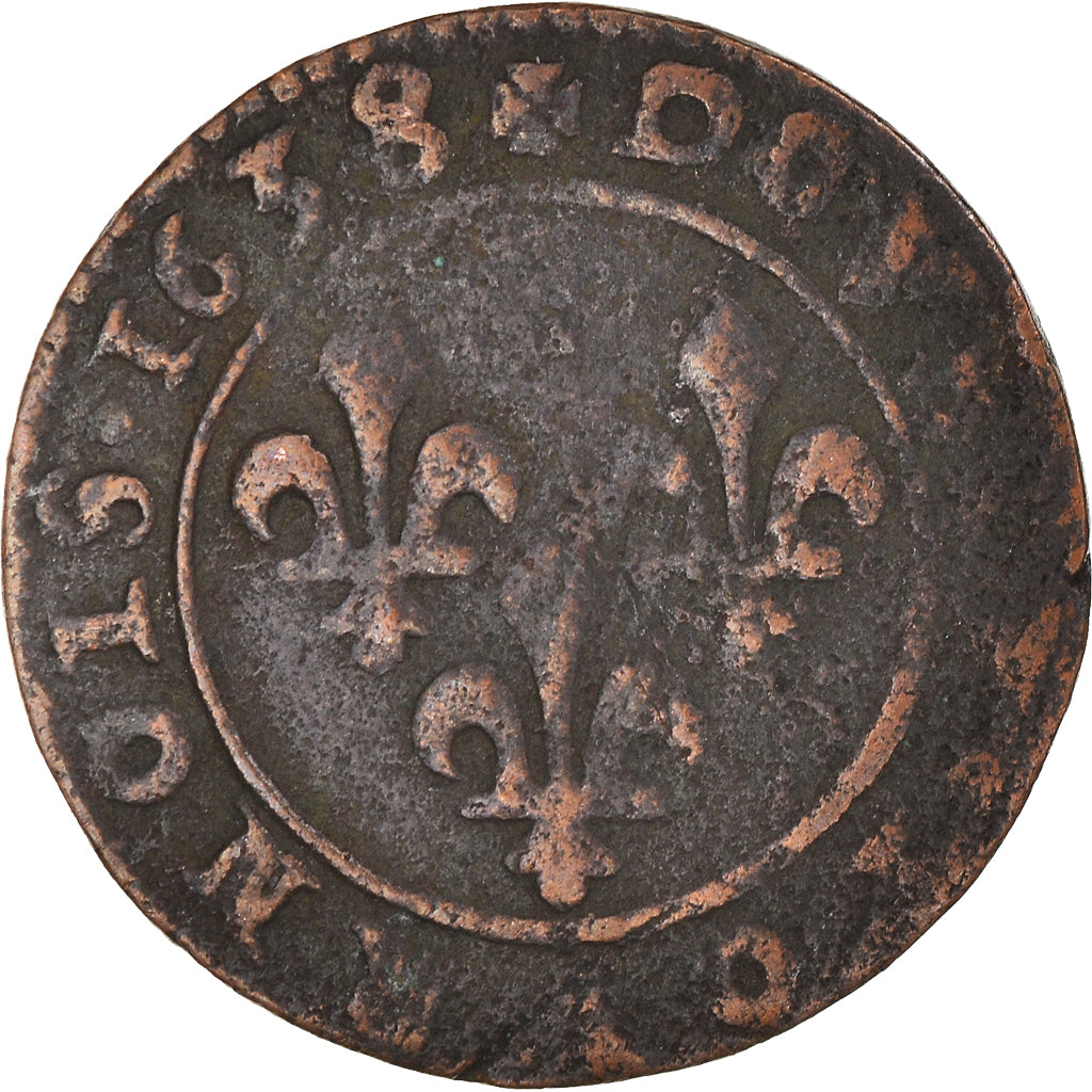 Moeda, França, Louis XIII, Double Tournois, 1638, Vallée du Rhône, VF(30-35)