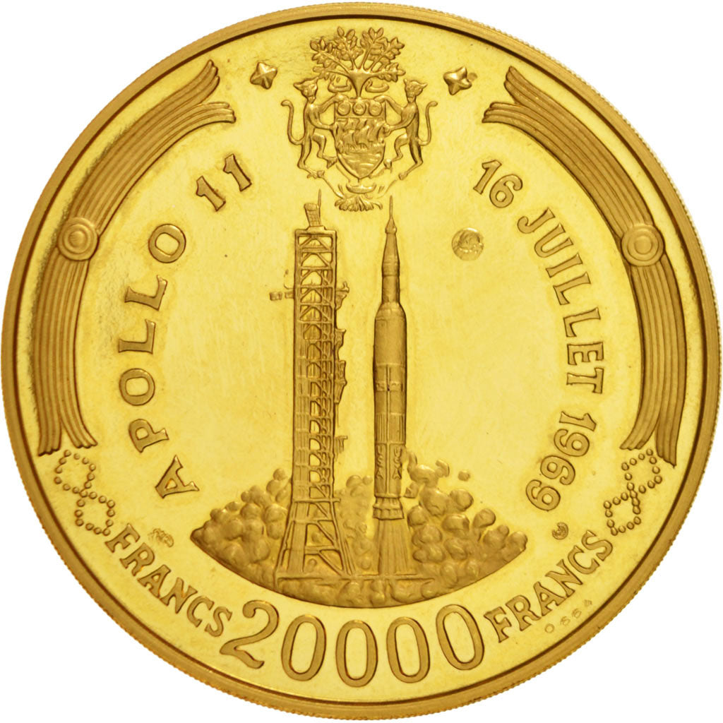 Gabon, 20000 Francs Bongo, Apollo 11, 1969, Paris, MS(63), Gold, KM:10