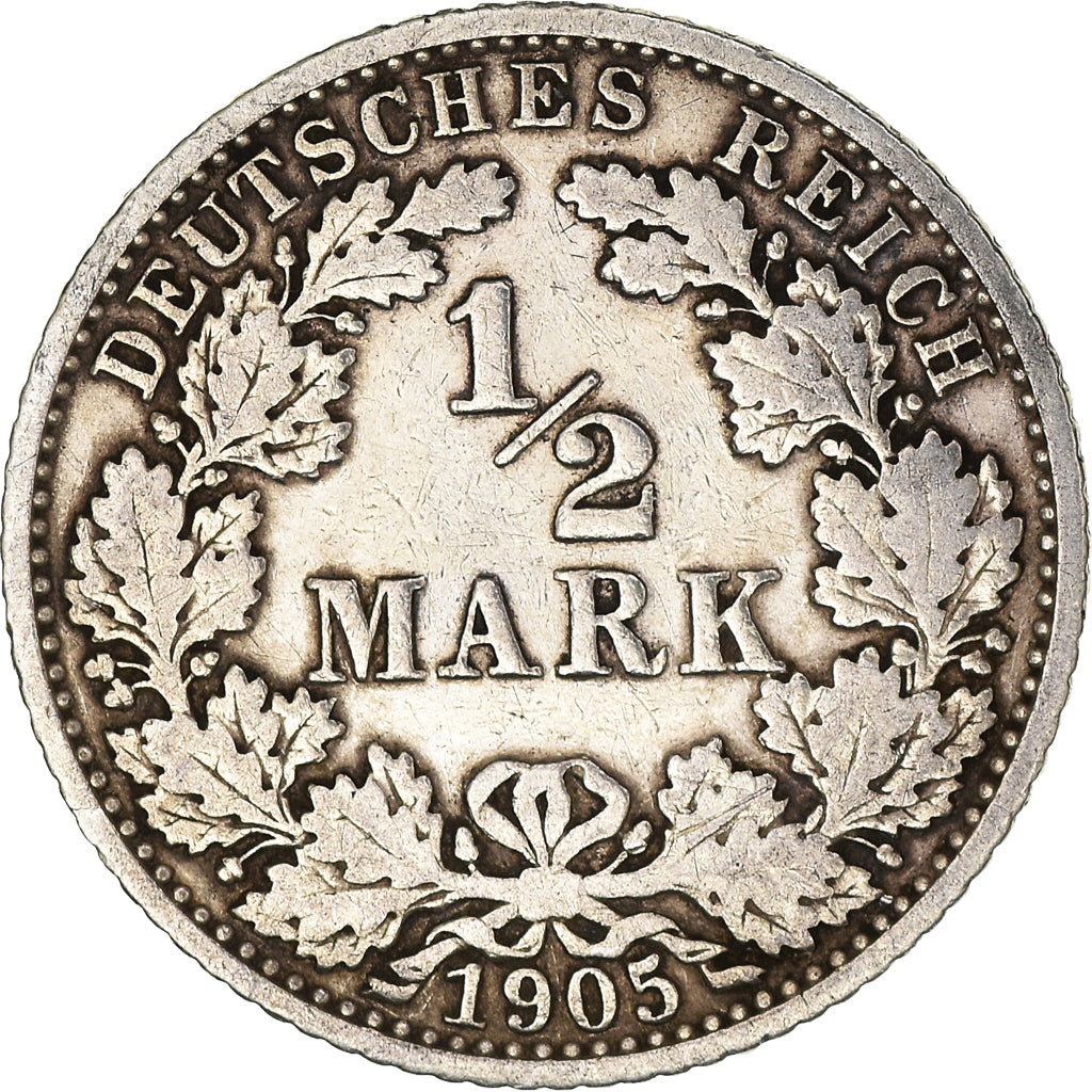 Moeda, ALEMANHA - IMPÉRIO, 1/2 Mark, 1905, Berlin, EF(40-45), Prata, KM:17