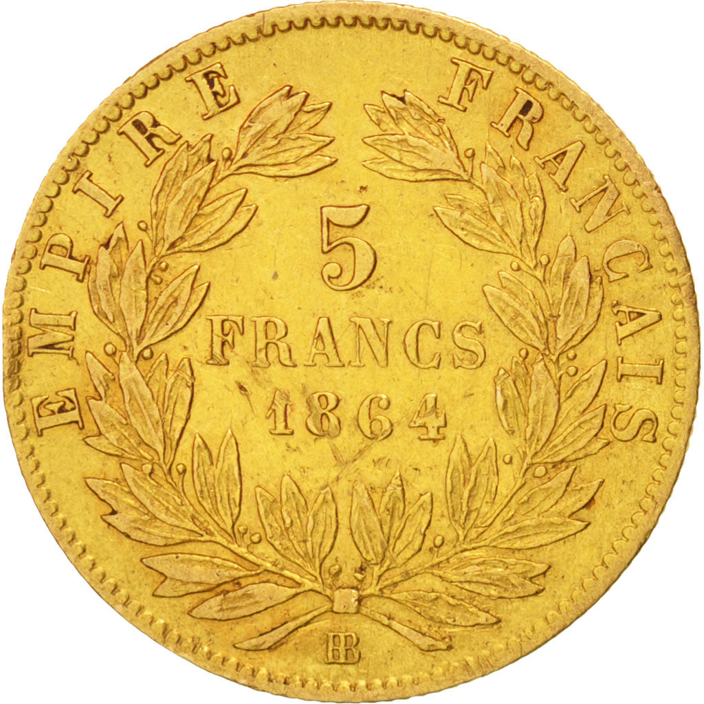 France, Napoleon III, 5 Francs, 1864, Strasbourg, VF(30-35), Gold