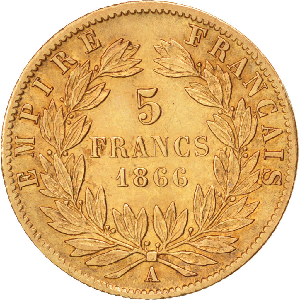 France, Napoleon III, 5 Francs, 1866, Paris, AU(50-53), Gold, KM:803.1