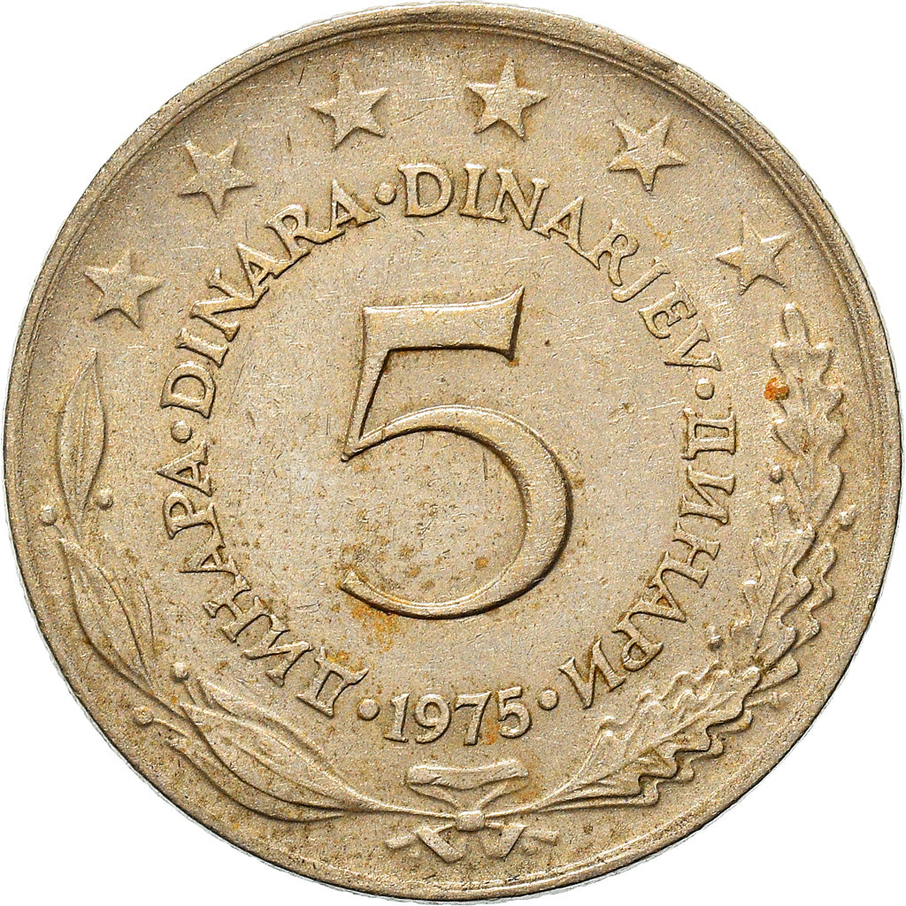 Münze, Jugoslawien, 5 Dinara, 1975, S+, Copper-Nickel-Zinc, KM:58
