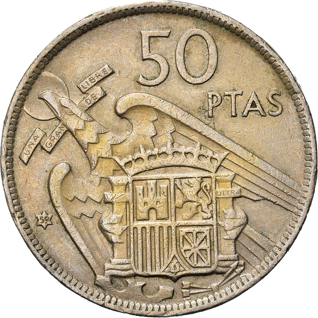 Moeda, Espanha, Caudillo and regent, 50 Pesetas, 1959, VF(30-35), Cobre-níquel