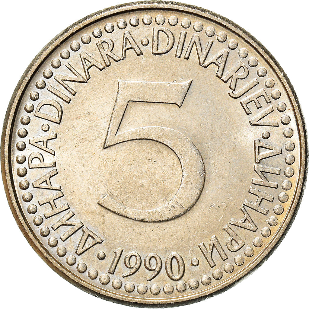 Coin, Yugoslavia, 5 Dinara, 1990, EF(40-45), Copper-Nickel-Zinc, KM:144