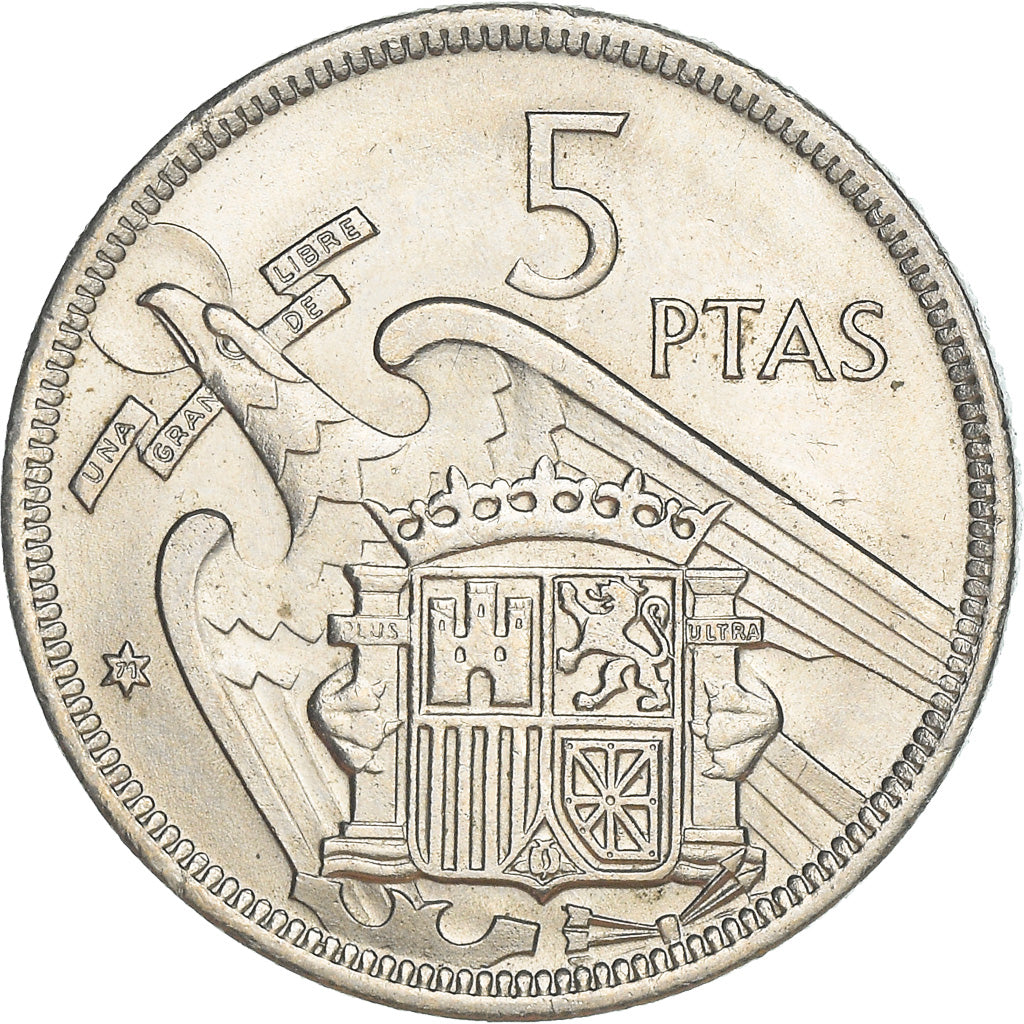 Moneta, Hiszpania, Caudillo and regent, 5 Pesetas, 1971, AU(50-53)
