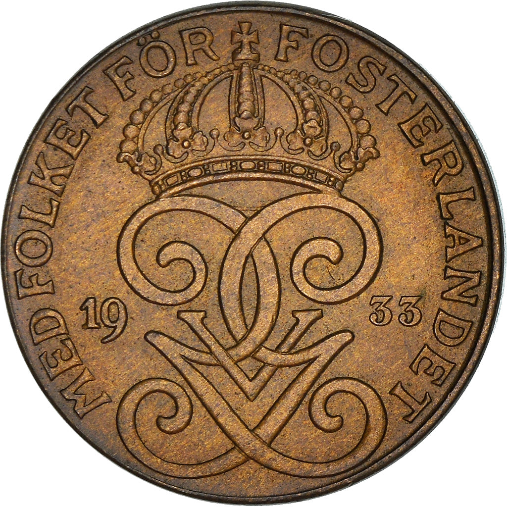 Coin, Sweden, Gustaf V, 2 Öre, 1933, AU(50-53), Bronze, KM:778