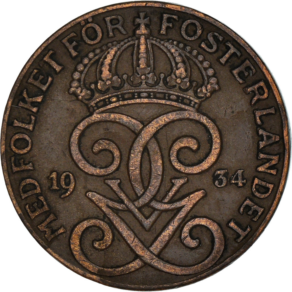 Coin, Sweden, Gustaf V, 2 Öre, 1934, EF(40-45), Bronze, KM:778