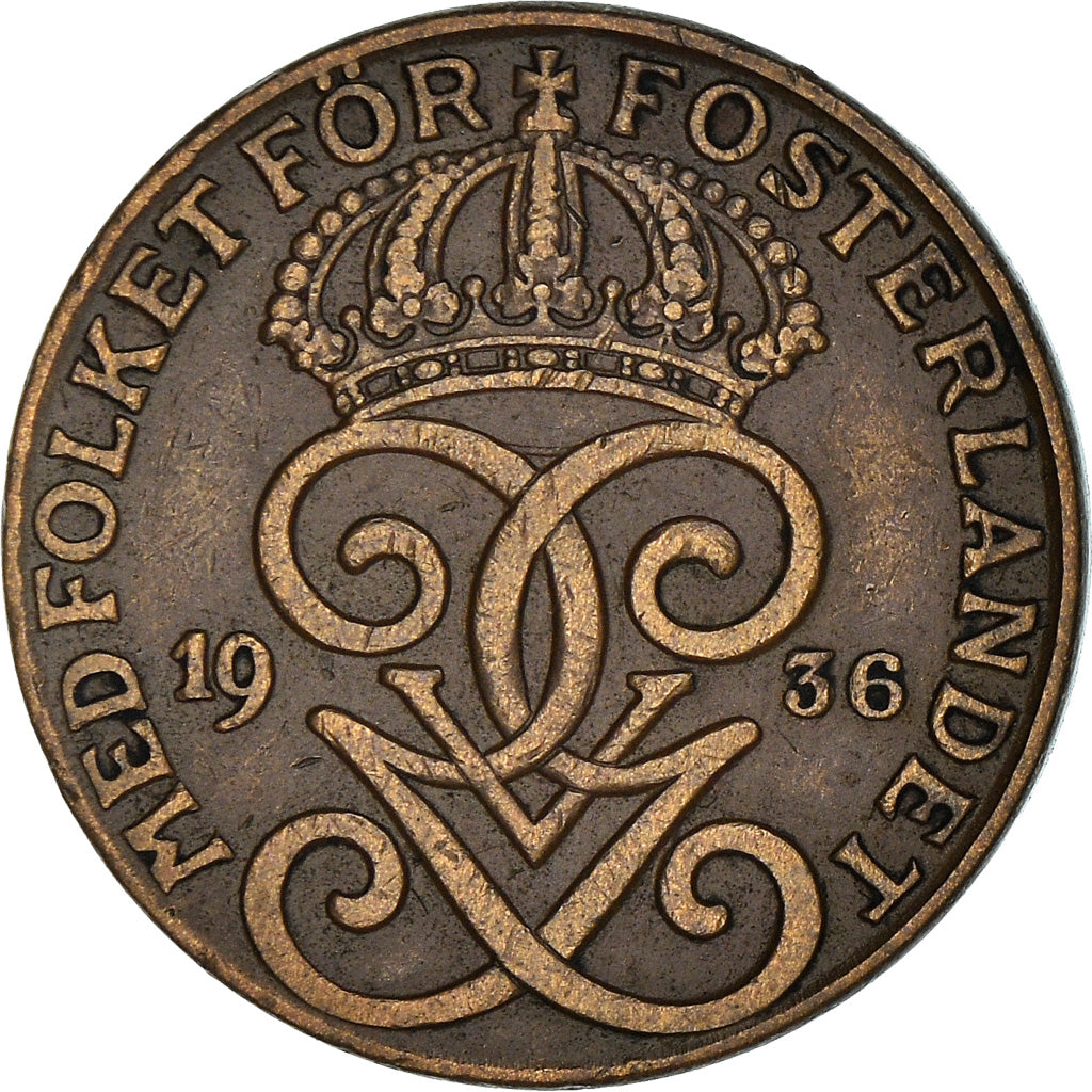 Coin, Sweden, Gustaf V, 2 Öre, 1936, EF(40-45), Bronze, KM:778