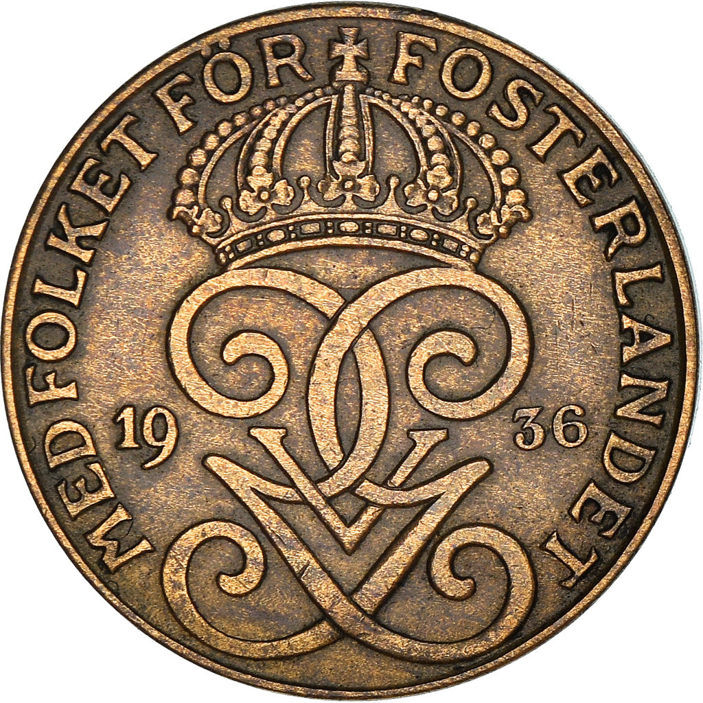 Coin, Sweden, Gustaf V, 2 Öre, 1936, VF(30-35), Bronze, KM:778