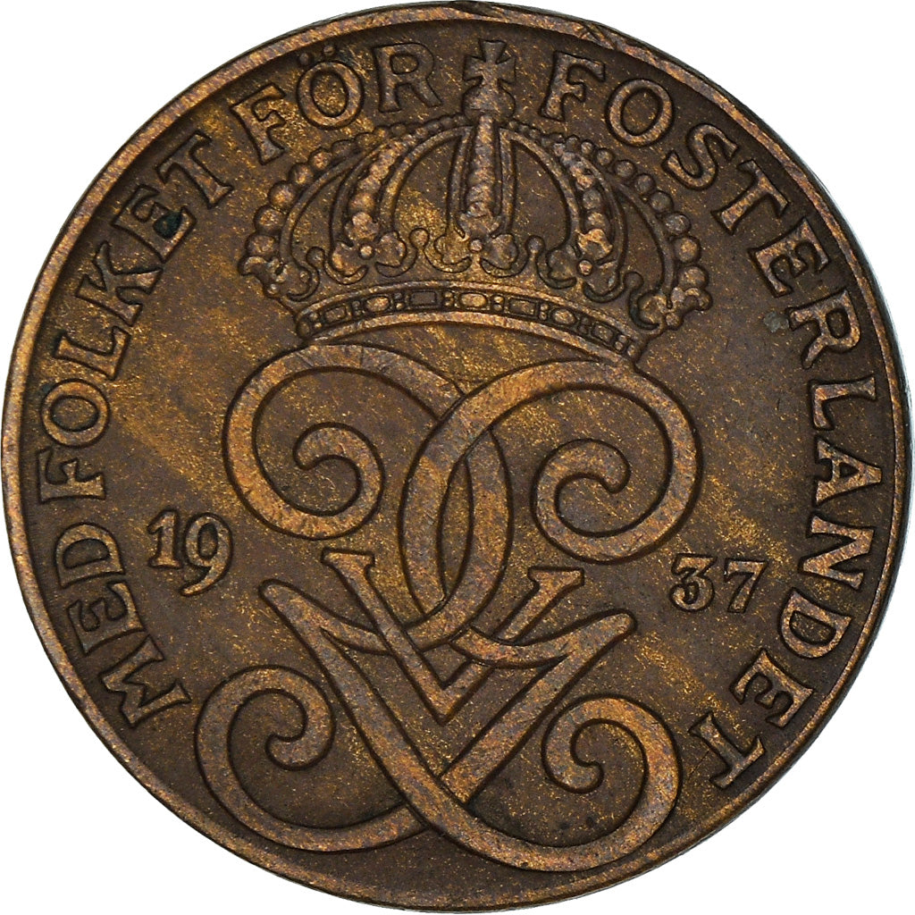 Coin, Sweden, Gustaf V, 2 Öre, 1937, AU(50-53), Bronze, KM:778