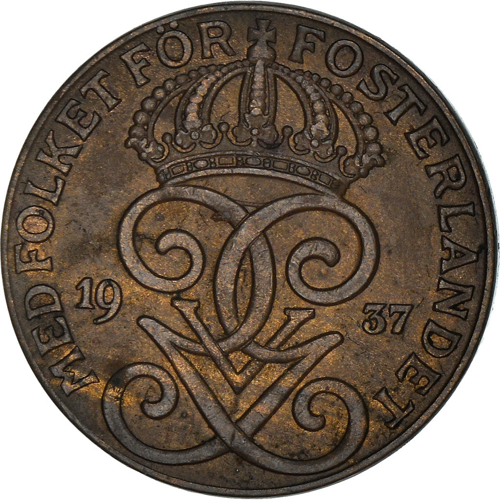 Coin, Sweden, Gustaf V, 2 Öre, 1937, EF(40-45), Bronze, KM:778