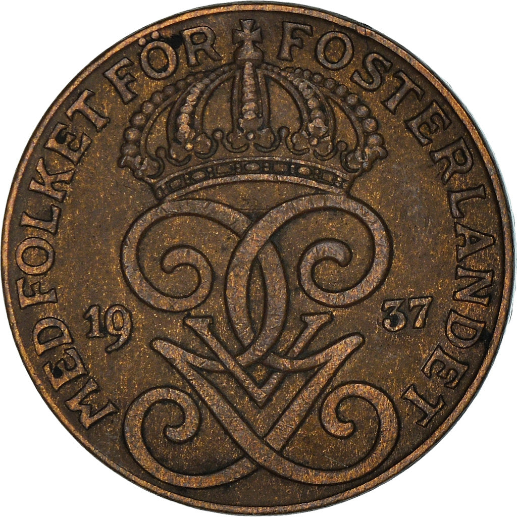 Coin, Sweden, Gustaf V, 2 Öre, 1937, VF(30-35), Bronze, KM:778