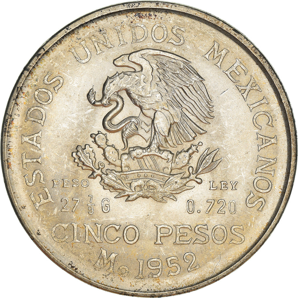 Coin, Mexico, 5 Pesos, 1952, Mexico City, AU(50-53), Silver, KM:467