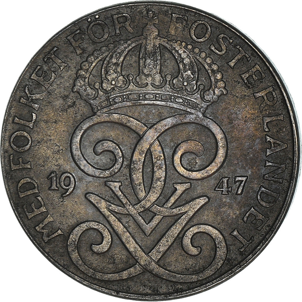 Coin, Sweden, Gustaf V, 2 Öre, 1947, VF(20-25), Iron, KM:811