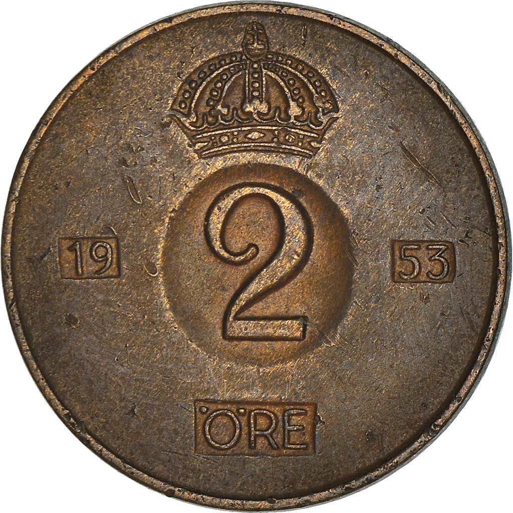 Coin, Sweden, Gustaf VI, 2 Öre, 1953, VF(30-35), Bronze, KM:821