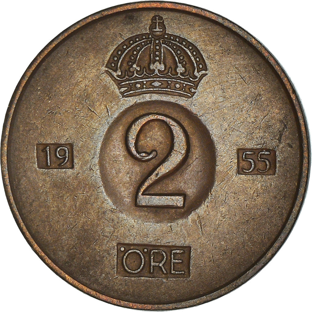 Coin, Sweden, Gustaf VI, 2 Öre, 1955, AU(50-53), Bronze, KM:821