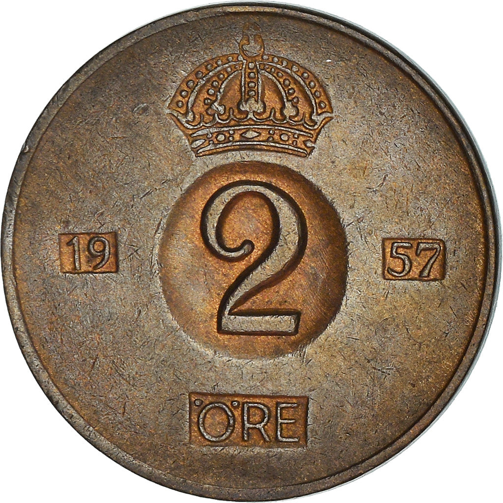 Coin, Sweden, Gustaf VI, 2 Öre, 1957, EF(40-45), Bronze, KM:821