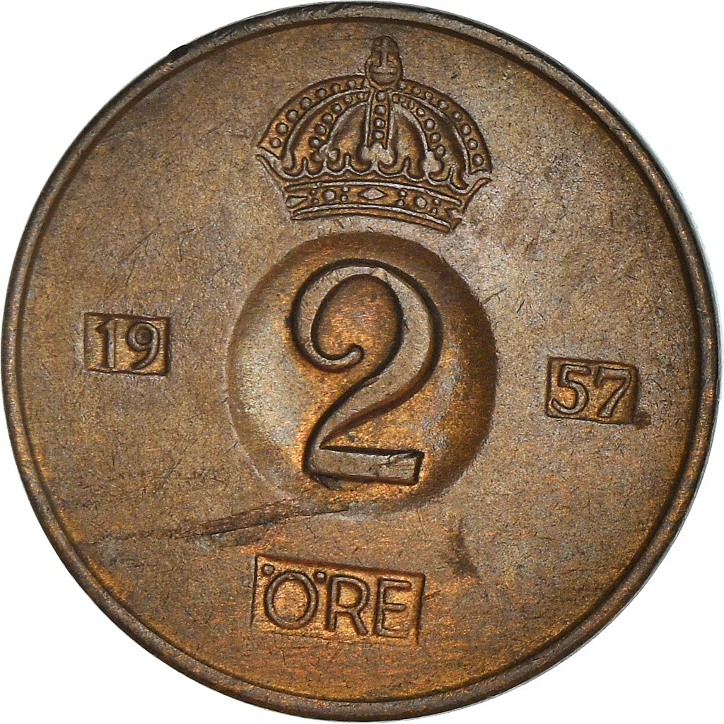 Coin, Sweden, Gustaf VI, 2 Öre, 1957, VF(30-35), Bronze, KM:821