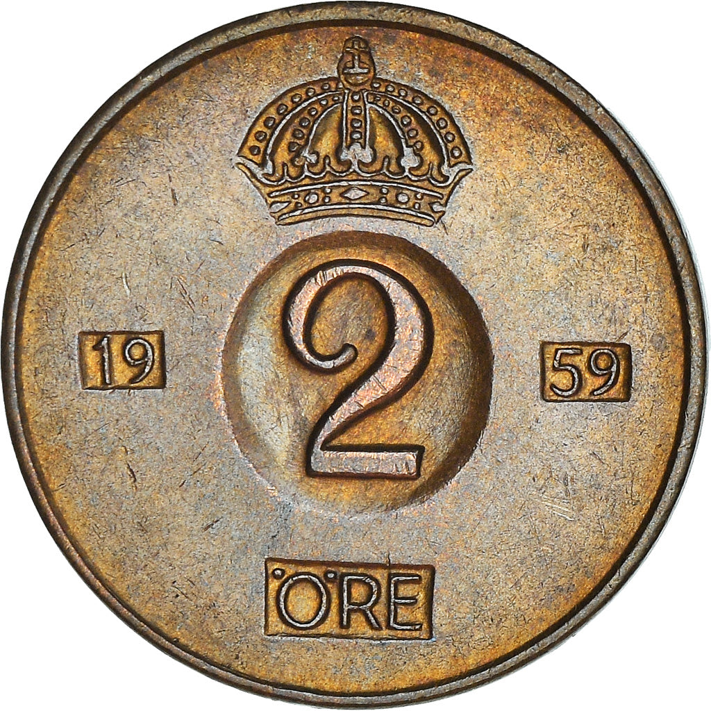 Moneta, Szwecja, Gustaf VI, 2 Öre, 1959, AU(50-53), Bronze, KM:821