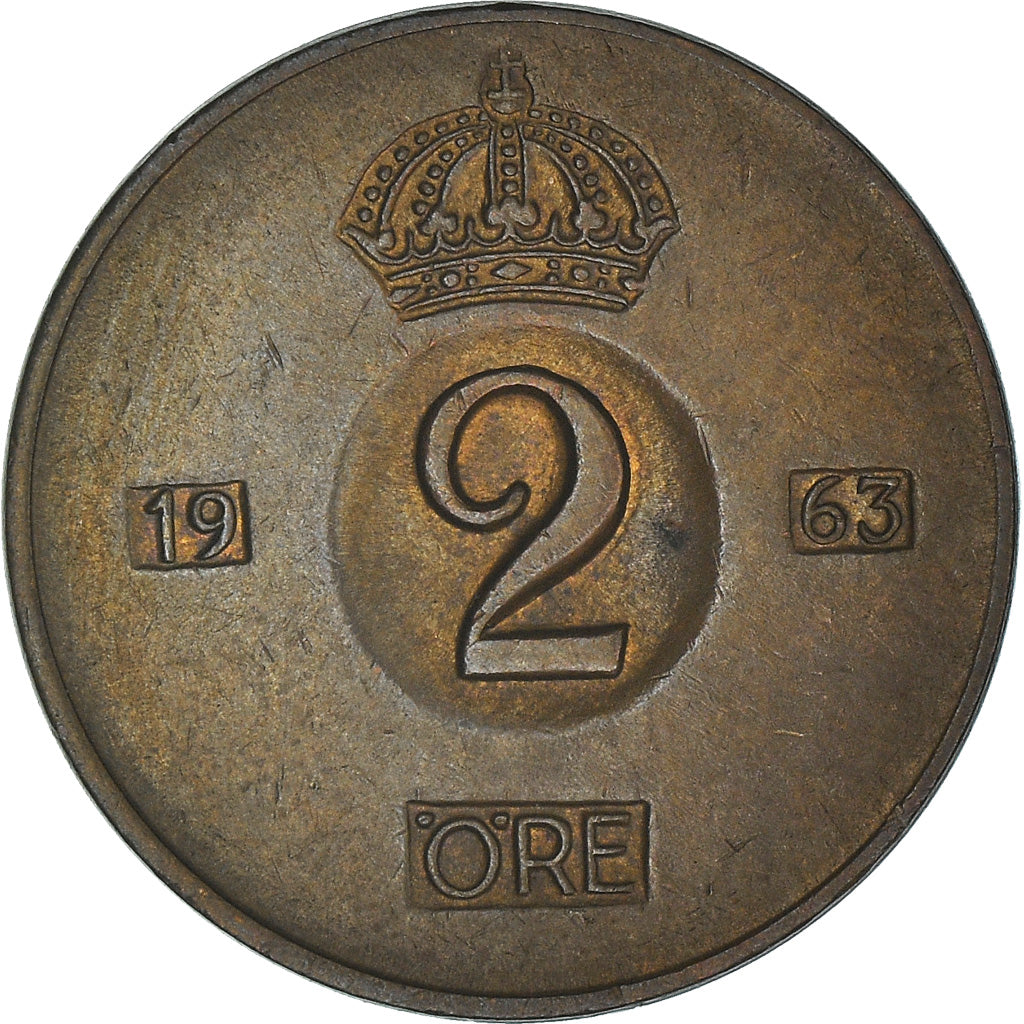 Münze, Schweden, Gustaf VI, 2 Öre, 1963, SS, Bronze, KM:821