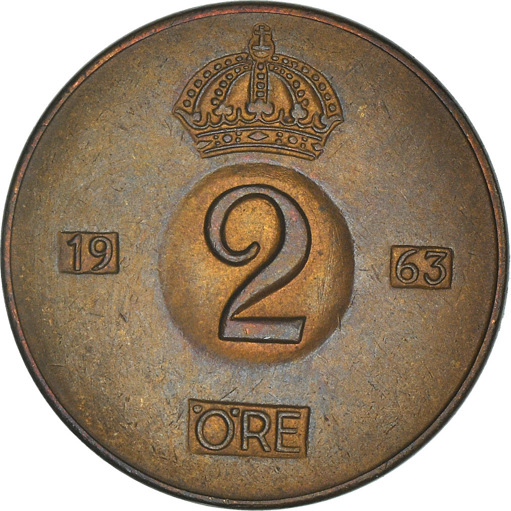 Coin, Sweden, Gustaf VI, 2 Öre, 1963, AU(50-53), Bronze, KM:821