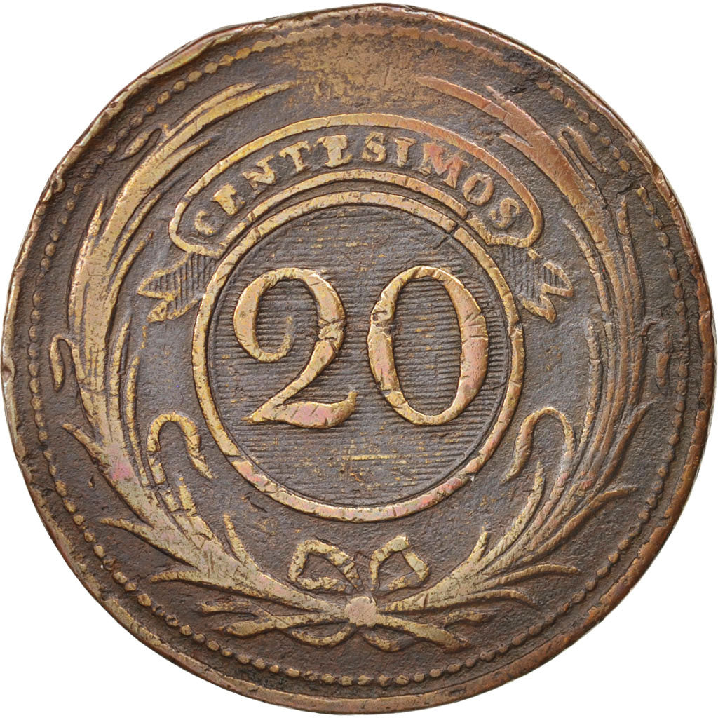 Uruguay, 20 Centesimos, 1855, VF(30-35), Copper, KM:7