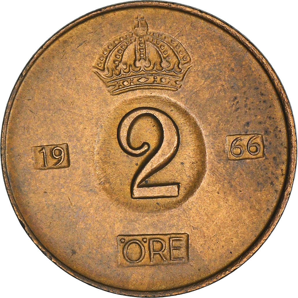 Münze, Schweden, Gustaf VI, 2 Öre, 1966, SS+, Bronze, KM:821