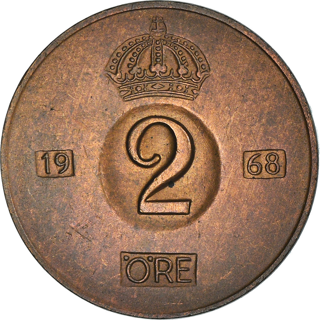 Moneda, Suecia, Gustaf VI, 2 Öre, 1968, MBC+, Bronce, KM:821
