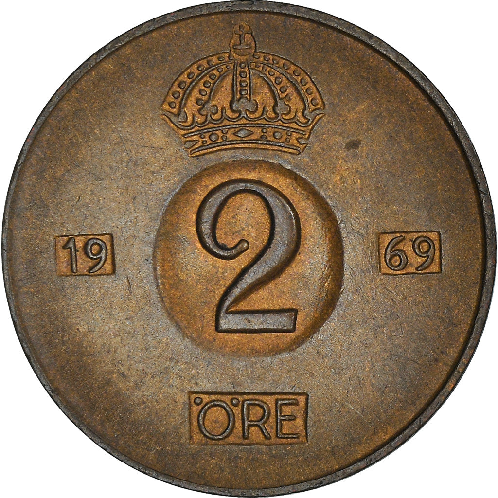 Coin, Sweden, Gustaf VI, 2 Öre, 1969, AU(50-53), Bronze, KM:821
