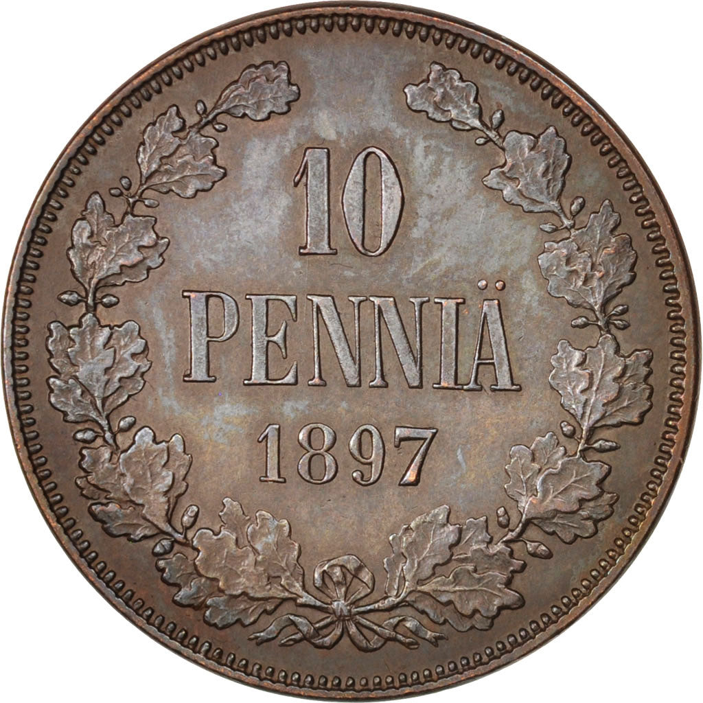 Finnland, Nicholas II, 10 Pennia, 1897, AU(55-58), Copper, KM:14