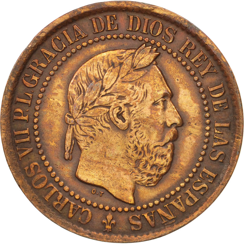 Spain, Charles VII, 5 Centimos, 1875, EF(40-45), Copper, KM:669