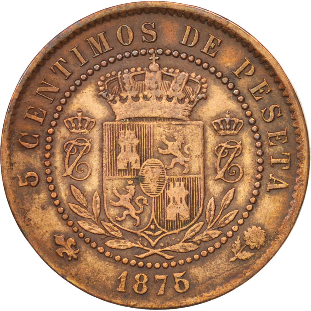 Spain, Charles VII, 5 Centimos, 1875, EF(40-45), Copper, KM:669