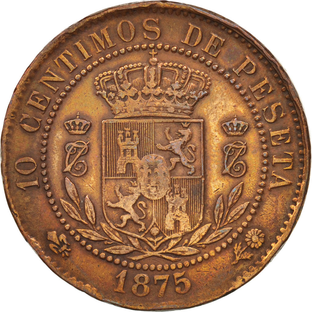 Spagna, Charles VII, 10 Centimos, 1875, BB, Rame, KM:670