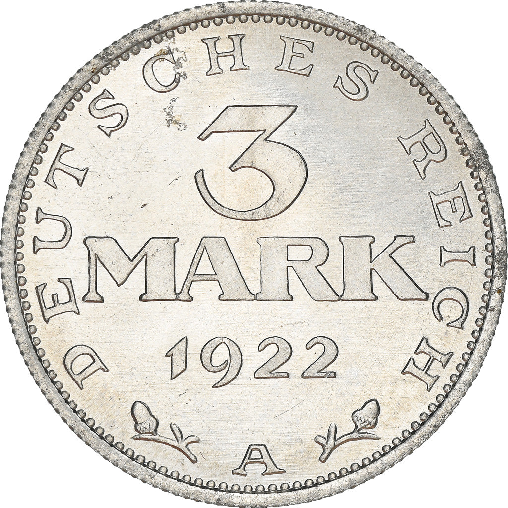 Coin, GERMANY, WEIMAR REPUBLIC, 3 Mark, 1922, Berlin, EF(40-45), Aluminum, KM:28