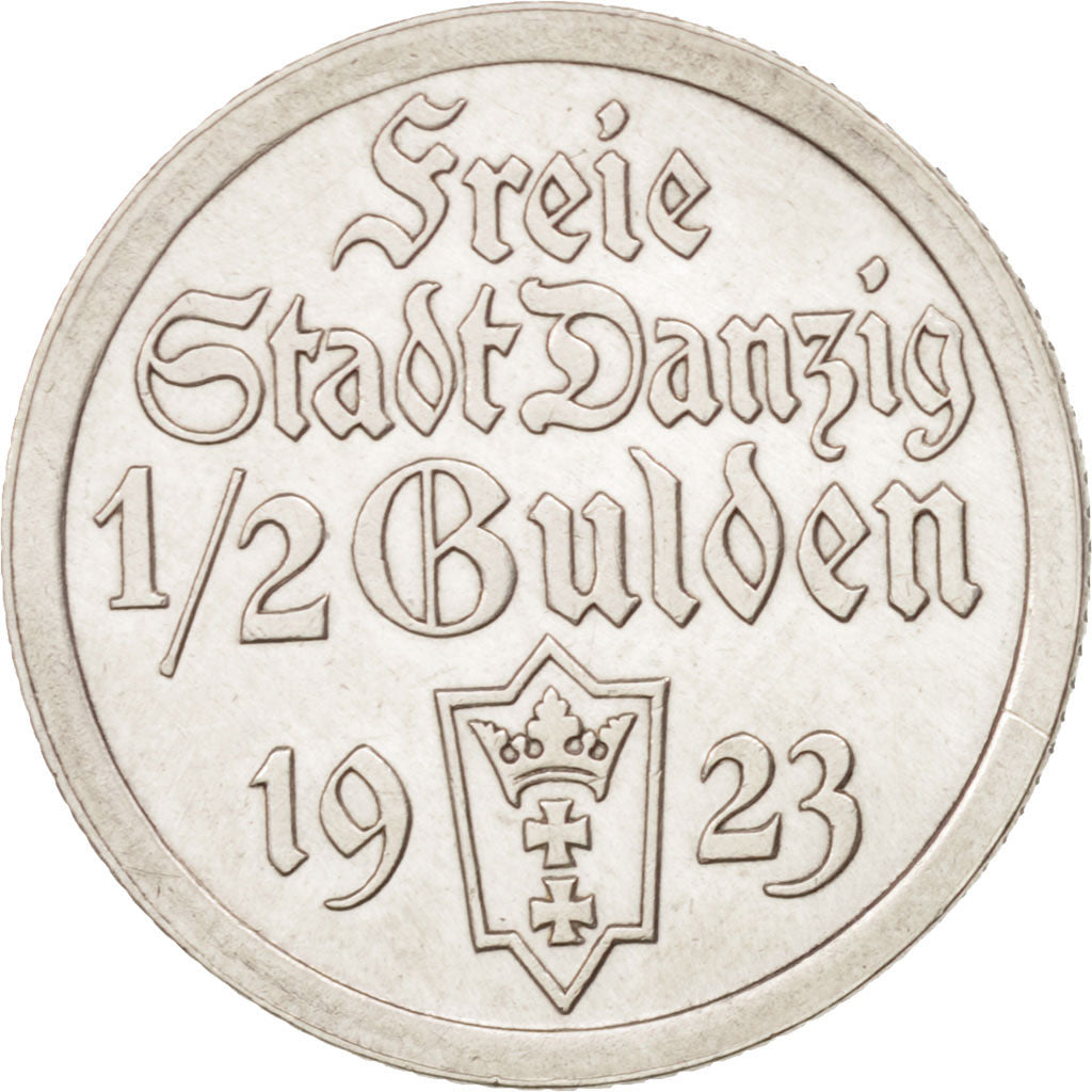 DANZIG, 1/2 Gulden, 1923, AU(50-53), Silver, KM:144