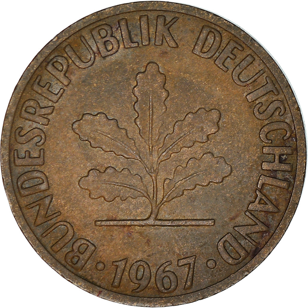 Coin, GERMANY - FEDERAL REPUBLIC, 2 Pfennig, 1967, Karlsruhe, EF(40-45), Bronze