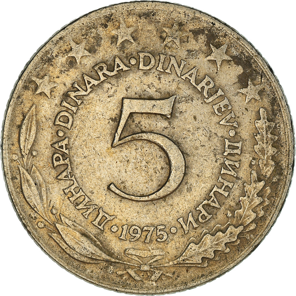 Coin, Yugoslavia, 5 Dinara, 1975, VF(30-35), Copper-Nickel-Zinc, KM:58