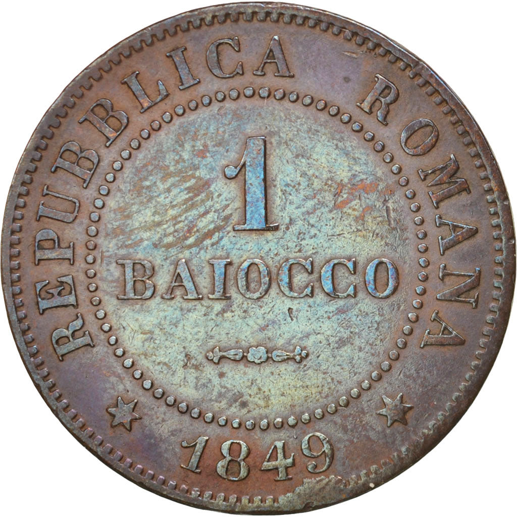 Moneta, DEPARTAMENTY WŁOSKIE, ROMAN REPUBLIC, Baiocco, 1849, Roma, AU(50-53)