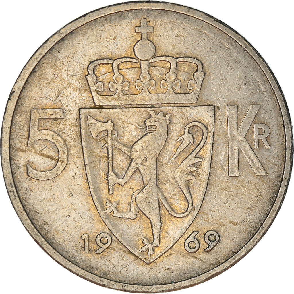 Moneda, Noruega, Olav V, 5 Kroner, 1969, BC+, Cobre - níquel, KM:412