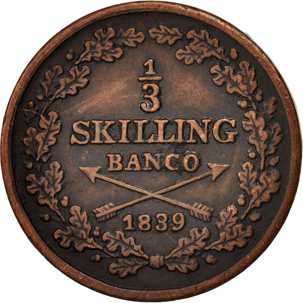 Svezia, Carl XIV Johan, 1/3 Skilling, 1839, BB, Rame, KM:640