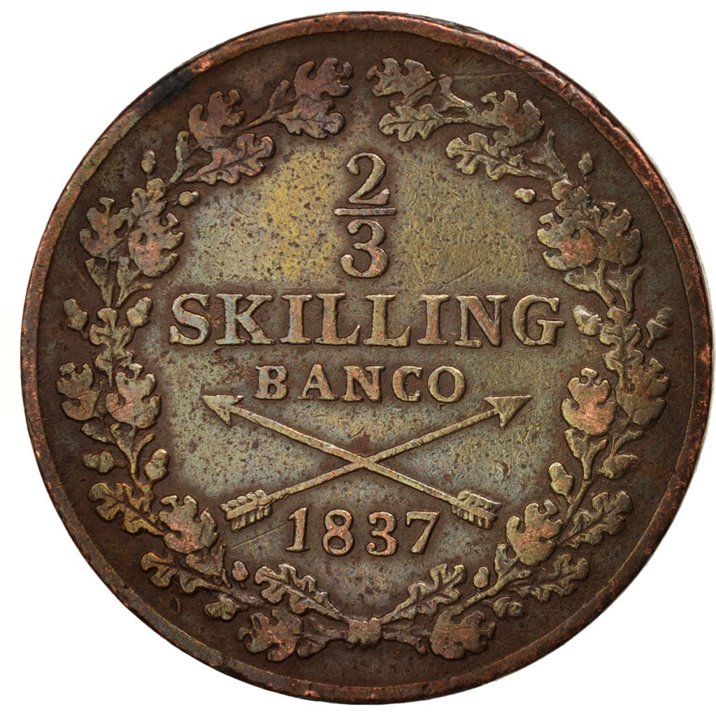 Svezia, Carl XIV Johan, 2/3 Skilling, 1837, MB+, Rame, KM:641